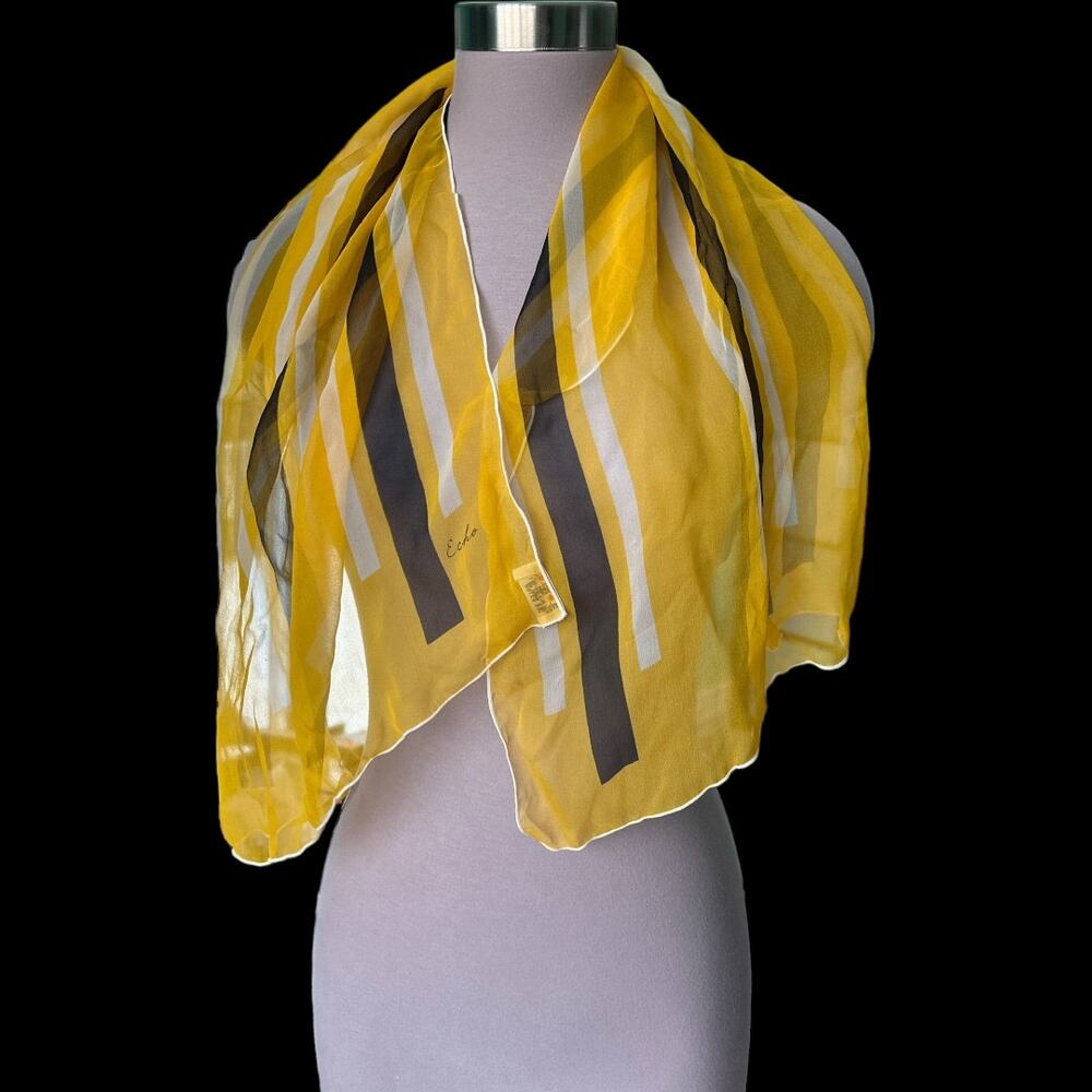 EUC Vintage Yellow White Black Stripes ECHO 100% Silk Oblong Scarf Made in Japan